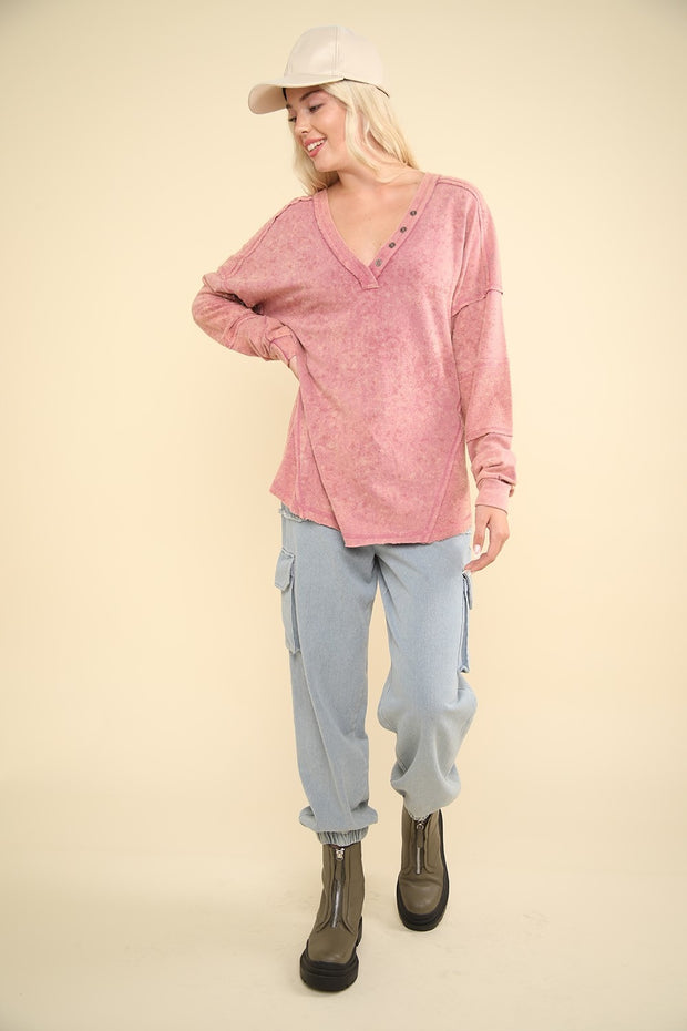 VERY J Washed V-Neck Exposed Seam Knit Top - Fashionmj