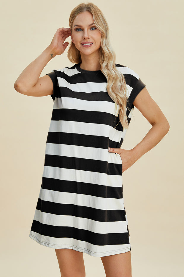 Basic Bae Full Size Striped Round Neck Cap Sleeve Mini Dress - Fashionmj