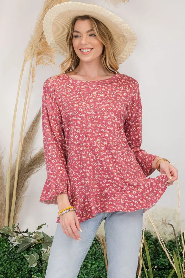 Celeste Full Size Floral Ruffle Detail Top - Fashionmj