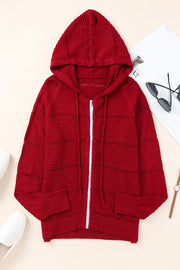 Zip-Up Raglan Sleeve Openwork Hooded Cardigan - Fashionmj