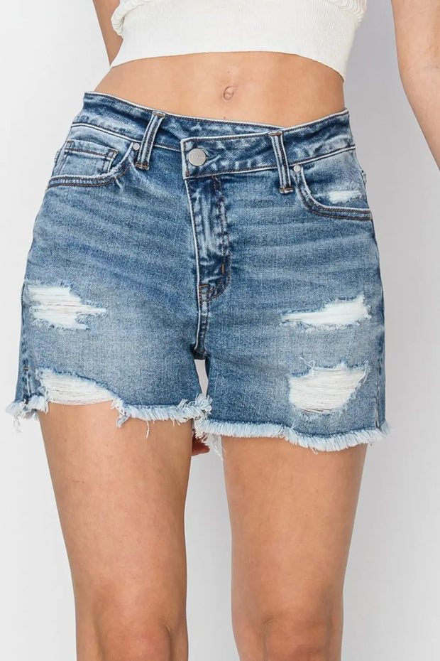 RISEN Stepped Waist Frayed Denim Shorts - Fashionmj