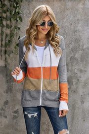 Zip-Up Raglan Sleeve Openwork Hooded Cardigan - Fashionmj