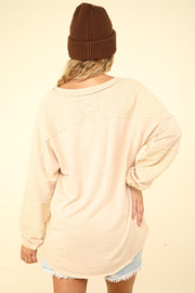 VERY J Washed V-Neck Exposed Seam Knit Top - Fashionmj