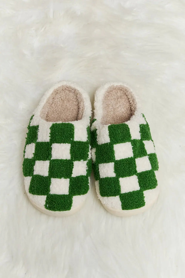 Melody Checkered Print Plush Slide Slippers - Fashionmj