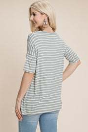 BOMBOM Striped Round Neck T-Shirt - Fashionmj