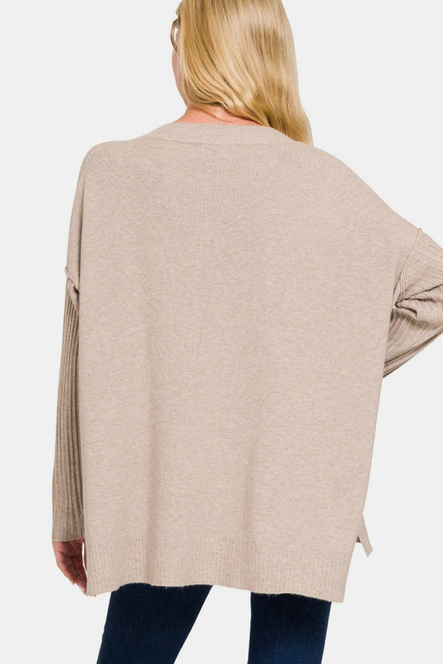 Zenana V-Neck Side Slit High-Low Sweater - Fashionmj