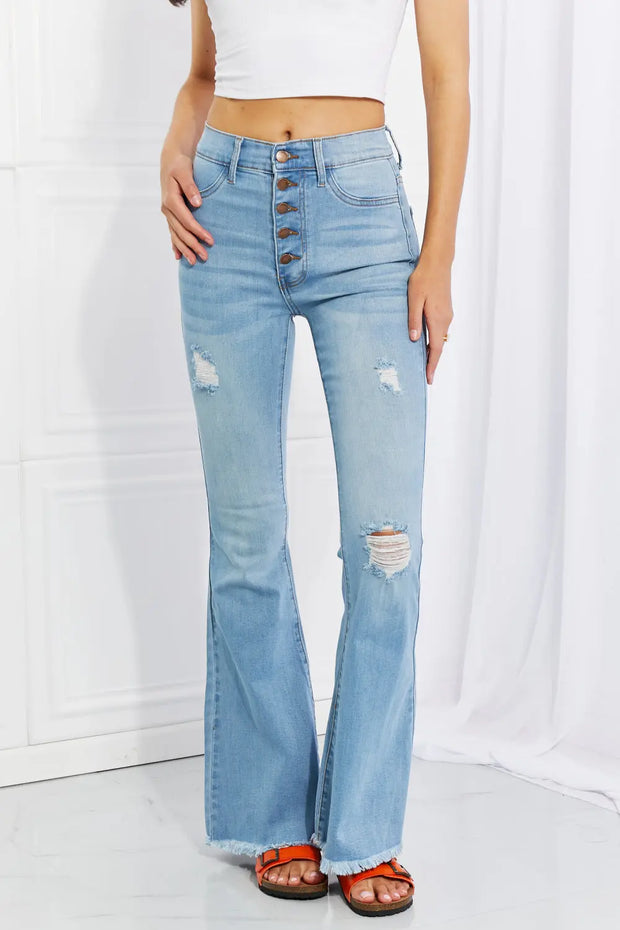 Vibrant MIU Full Size Jess Button Flare Jeans - Fashionmj