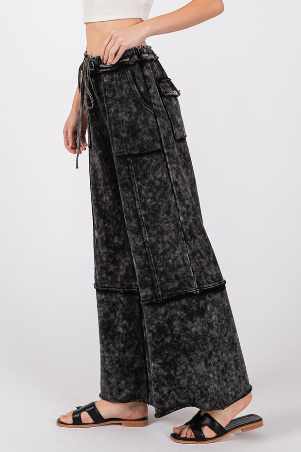 SAGE + FIG Mineral Washed Terry Wide Leg Pants - Fashionmj