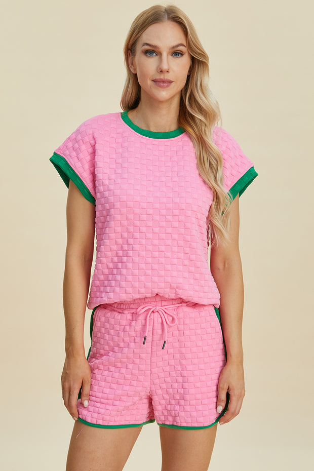 Double Take Full Size Texture Contrast T-Shirt and Shorts Set - Fashionmj