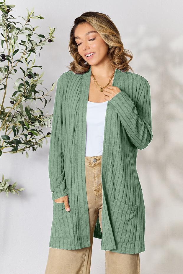 Basic Bae Full Size Ribbed Open Front Cardigan with Pockets - Fashionmj