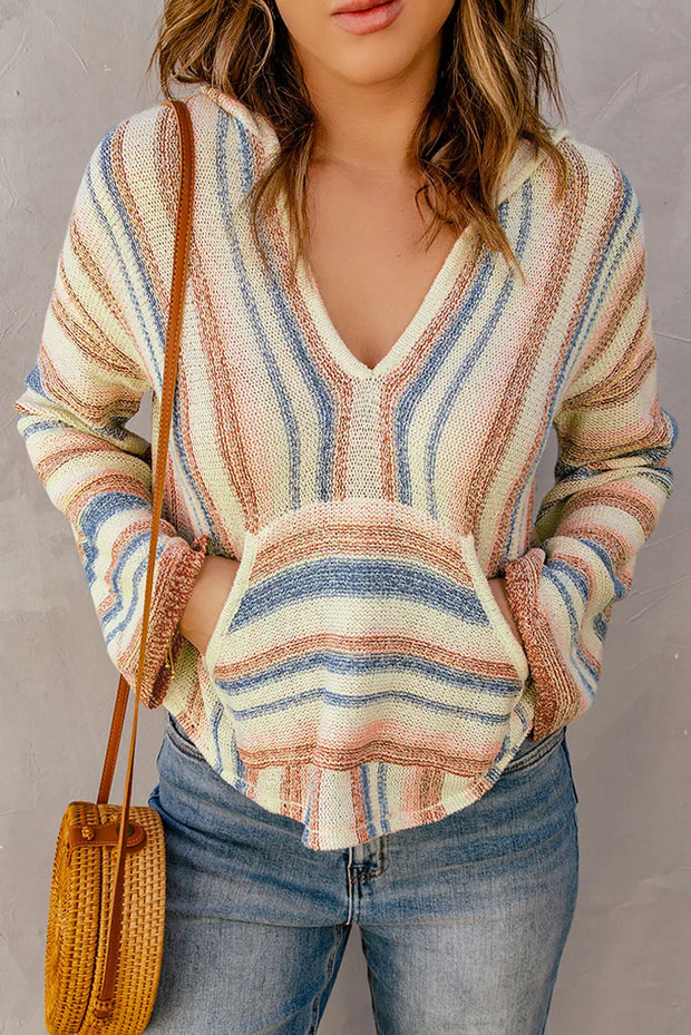 Striped Hooded Sweater with Kangaroo Pocket - Fashionmj