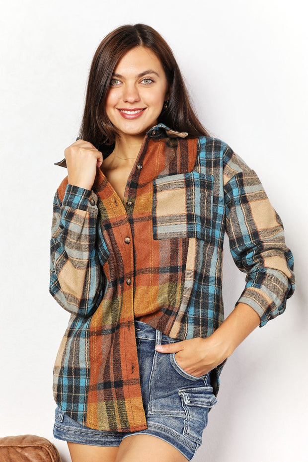 Double Take Plaid Curved Hem Shirt Jacket with Breast Pockets - Fashionmj