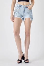 RISEN Frayed Hem Denim Shorts with Fringe Detail Pockets - Fashionmj