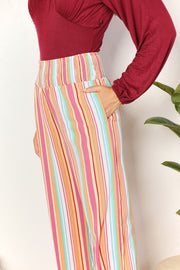 Double Take Striped Smocked Waist Pants with Pockets - Fashionmj