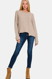 Zenana Asymmetric Hem Drop Shoulder Sweater - Fashionmj