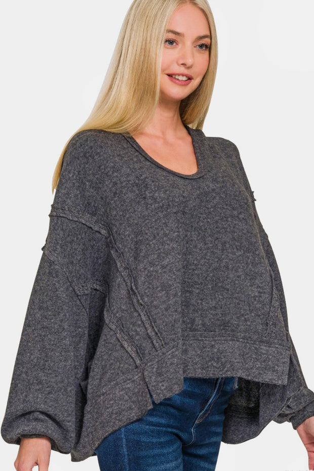 Zenana Brushed Hacci Exposed Seam Hoodie - Fashionmj