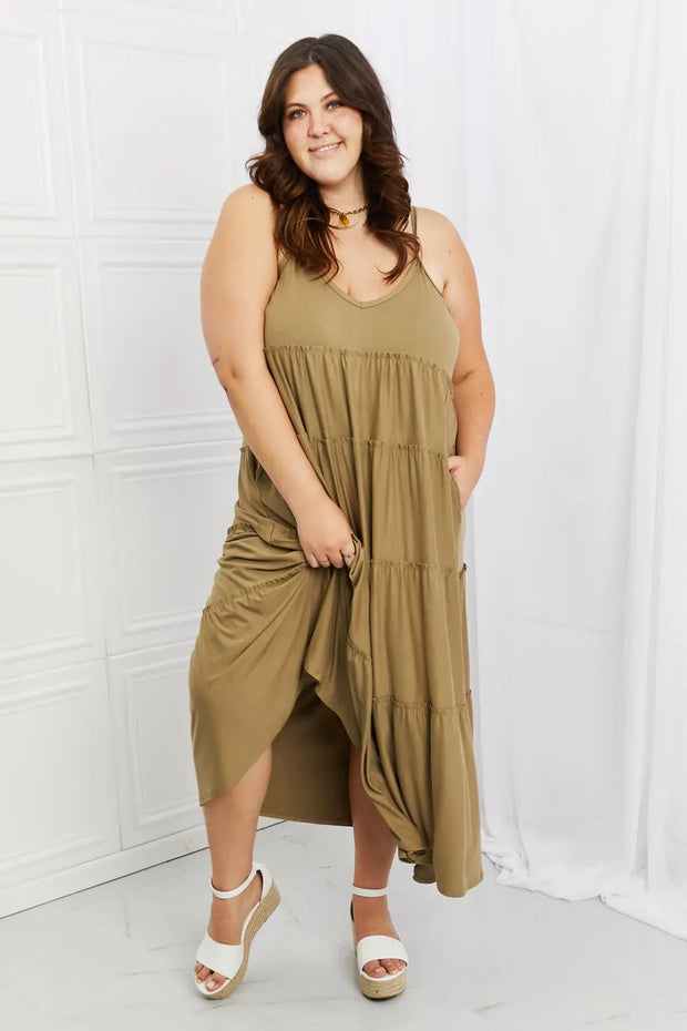 Zenana Full Size Spaghetti Strap Tiered Dress with Pockets in Khaki - Fashionmj