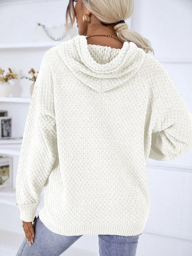 Texture Drawstring Long Sleeve Hooded Sweater - Fashionmj