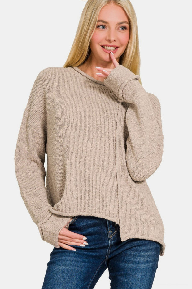 Zenana Asymmetric Hem Drop Shoulder Sweater - Fashionmj