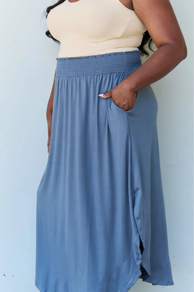 Doublju Comfort Princess Full Size High Waist Scoop Hem Maxi Skirt in Dusty Blue - Fashionmj