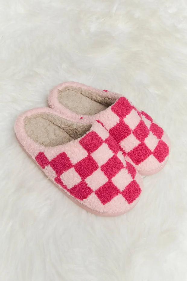 Melody Checkered Print Plush Slide Slippers - Fashionmj