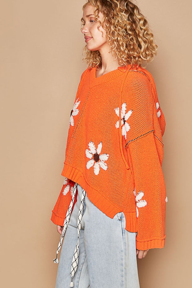 POL Floral Pattern Hooded High-Low Sweater - Fashionmj