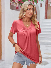 Double Take Ruched V-Neck Short Sleeve T-Shirt - Fashionmj