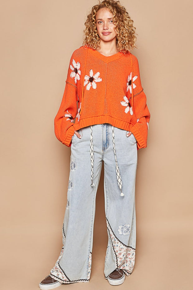 POL Floral Pattern Hooded High-Low Sweater - Fashionmj