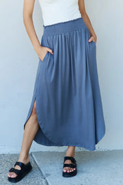 Doublju Comfort Princess Full Size High Waist Scoop Hem Maxi Skirt in Dusty Blue - Fashionmj