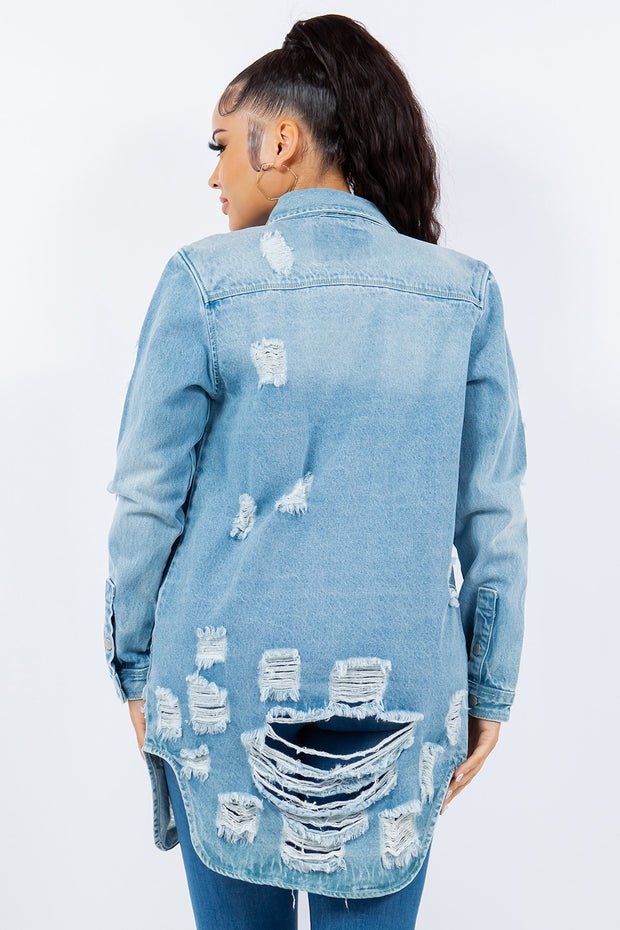 American Bazi Distressed Button Up Long Sleeve Denim Jacket - Fashionmj