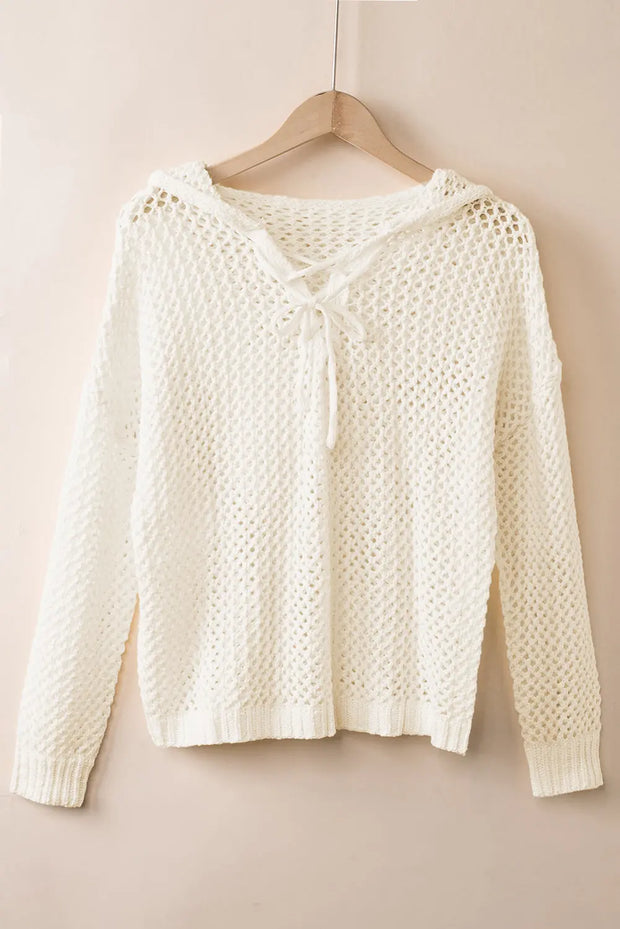 Openwork Lace-Up Hooded Sweater - Fashionmj