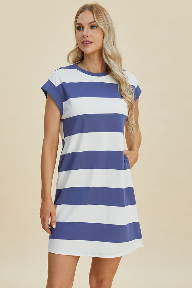 Basic Bae Full Size Striped Round Neck Cap Sleeve Mini Dress - Fashionmj