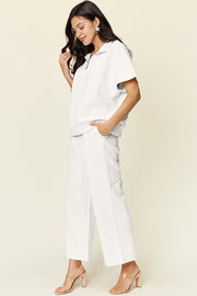 Double Take Full Size Texture Half Zip Short Sleeve Top and Pants Set - Fashionmj