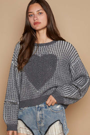 POL Round Neck Heart Patch Zipper Point Sleeve Sweater - Fashionmj