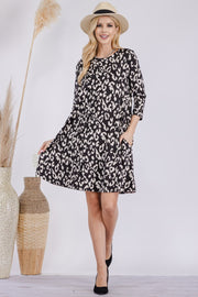 Celeste Full Size Leopard Three-Quarter Sleeve Dress with Pockets - Fashionmj