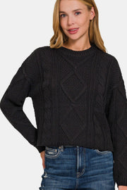 Zenana Cropped High Low Cable Sweater with Side Slits - Fashionmj