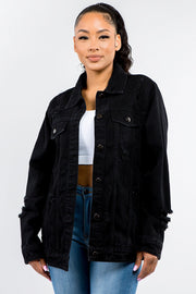 American Bazi Full Size Button Up Distressed Denim Jacket - Fashionmj