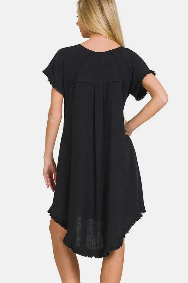 Zenana Fringe Edge High Low Flowy Dress with Pockets - Fashionmj