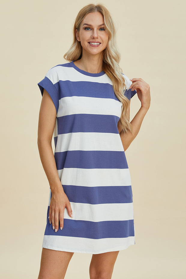 Basic Bae Full Size Striped Round Neck Cap Sleeve Mini Dress - Fashionmj