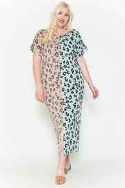 stylish Front Slit Dolman Leopard Print Maxi Dress in Plus Size (1XL-3XL)